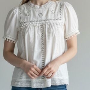 NWT Anthropologie Leifnotes White Embroidered Boho Top SZ 2 Romantic Coquette